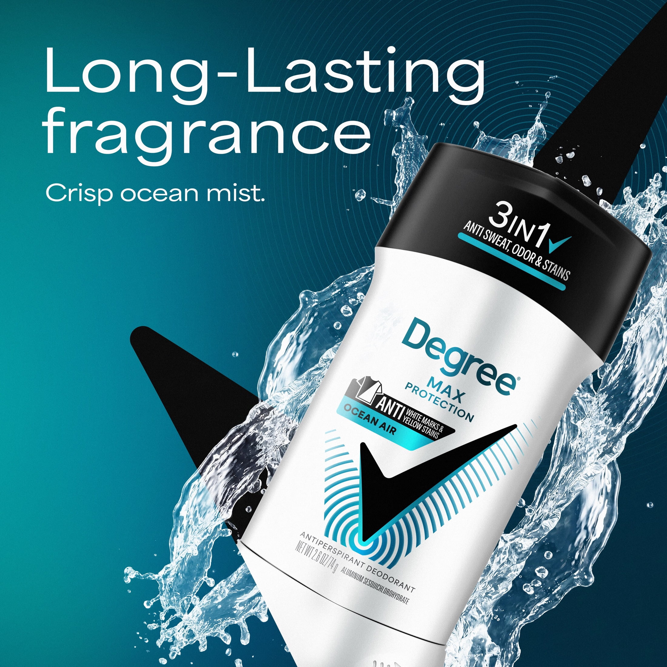 (4 pack) Degree Men 3in1 Max Protection Antiperspirant Deodorant Anti Sweat Odor and Stains Ocean Air 72-hour Protection, 2.6 oz