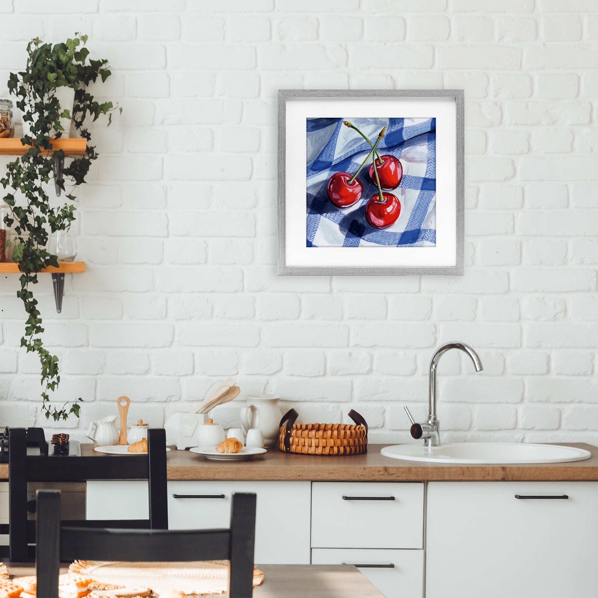 Stupell Industries Three Picnic Cherries on Gingham Gray Framed Print Under Glass, design by Kate Jarvik Birch