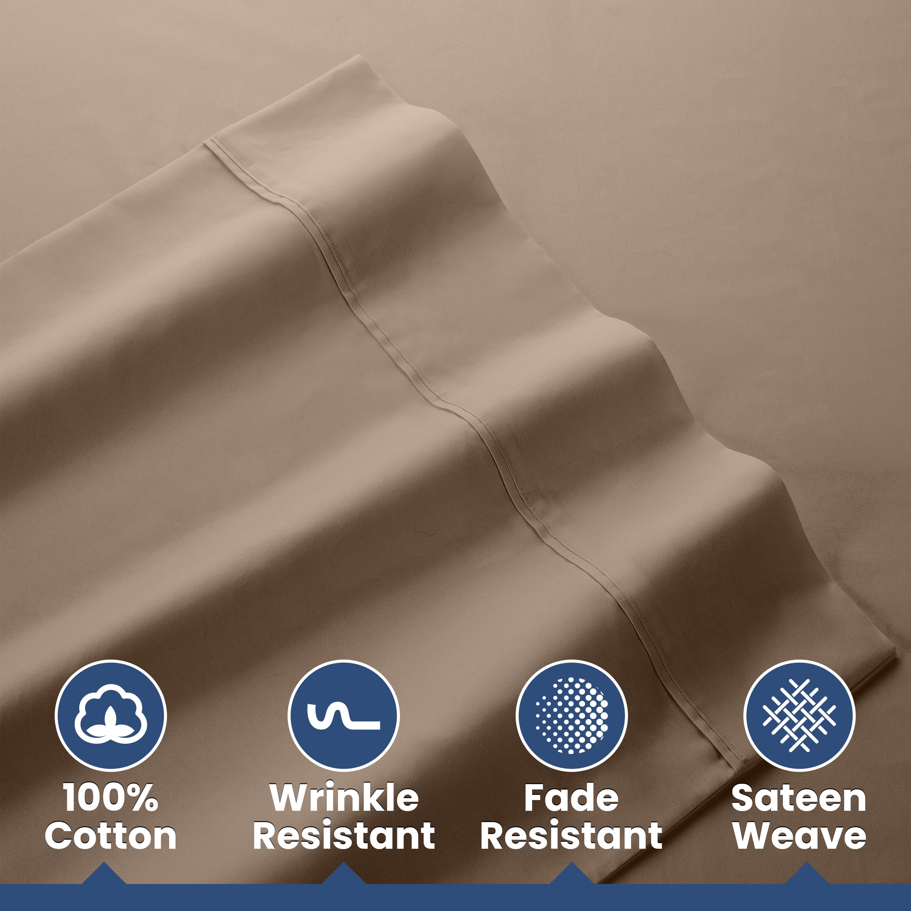 Soft Lightweight 400TC 100% Cotton Sateen Bed Sheet Set – 4-Piece Queen – Tan