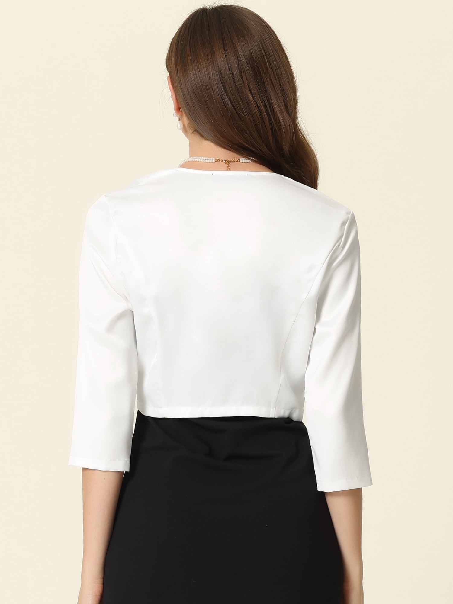 DARING DIVA Women's Satin Cardigan 3/4 Sleeve Open Front Cropped Work Bolero Shrug S White