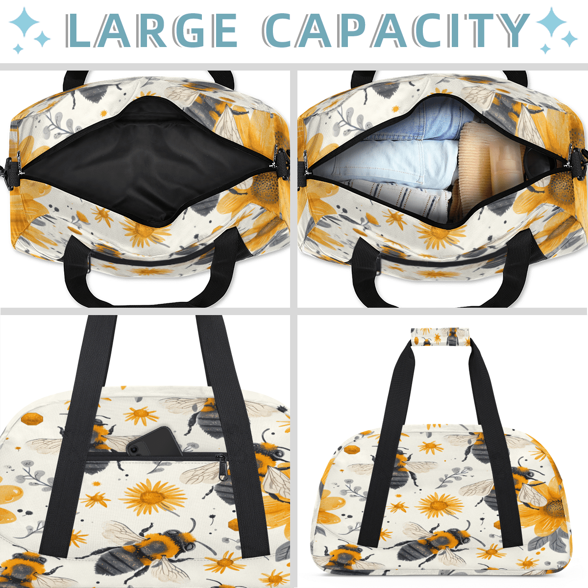 Herdesigns Bee Sports Duffle Bag for Women & Men, Honeybee Flowers Floral Gym Bag Dance Bag Overnight Bag Carry On Weekender Travel Bag