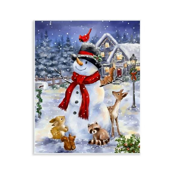 Stupell Industries Snowman & Forest Animals Holiday Painting Unframed Art Print Wall Art, 11 x 14