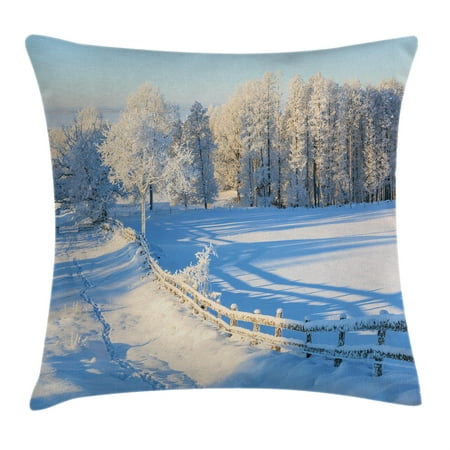 Valley Oak Decor Kit - Farm House Decor Throw Pillow Cushion Cover, Winter Snow Valley with Oak Borders Pines Frozen Pastoral High Cold Lands, Decorative Square Accent Pillow Case, 18 X 18 Inches, White Blue, by Ambesonne