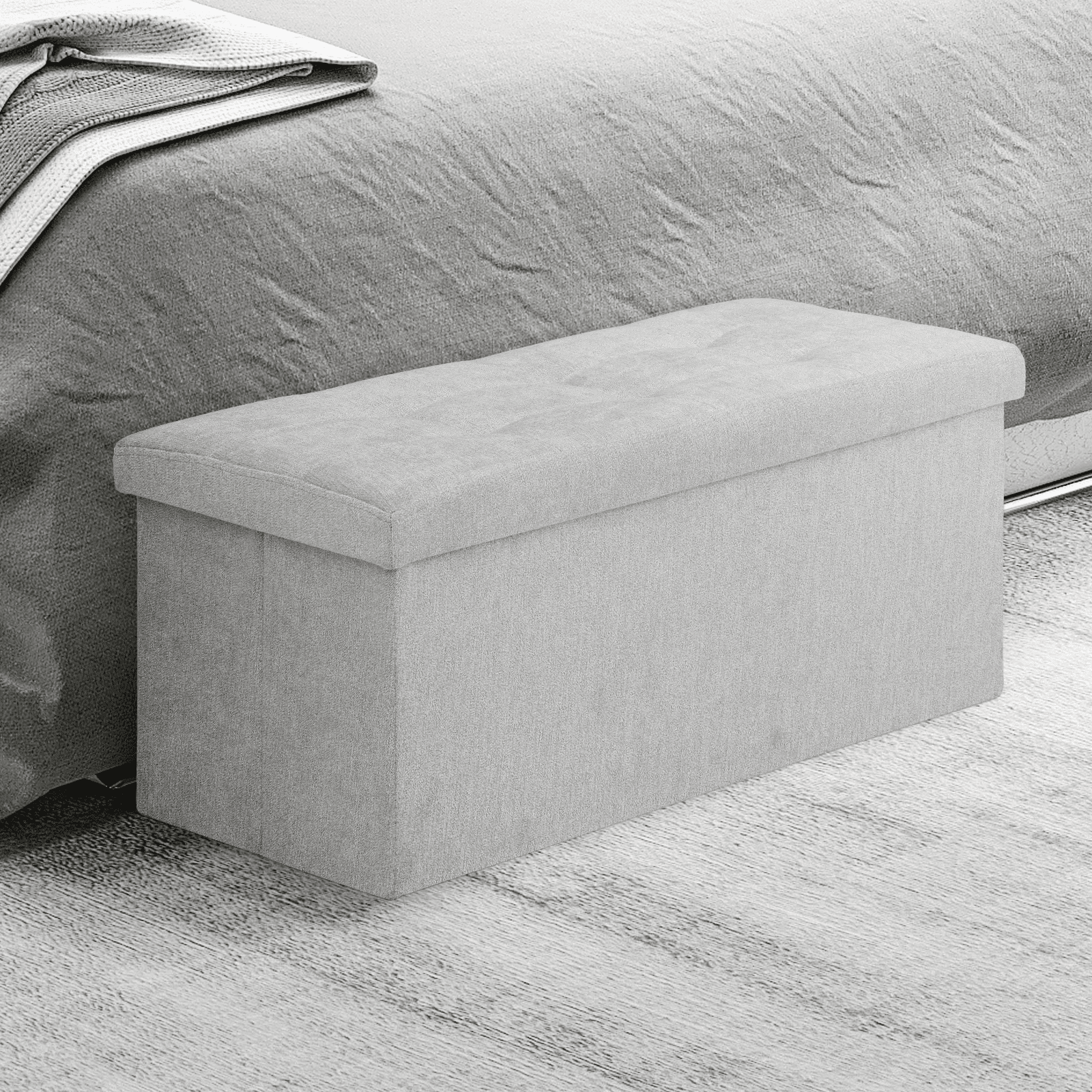 MoNiBloom 30" Folding Storage Ottoman Bench, Cotton-linen Collapsible Footrest Ottoman with Storage, for Living Room Bedroom Entryway, Light Gray