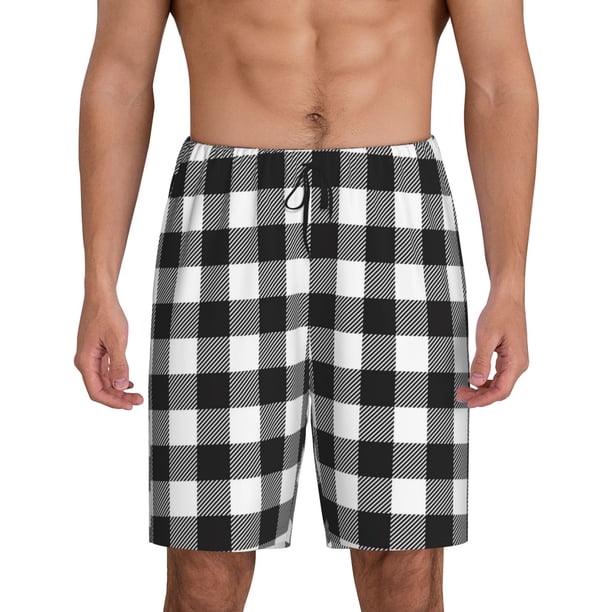 Balery Black White Plaid Pantalones cortos de pijama de punto de algodón para hombre con cinturilla y bolsillos-Small