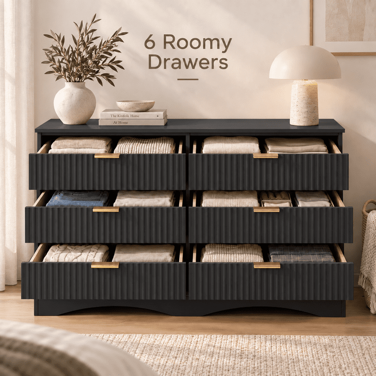 Lacoo 6 Drawer Dresser, 47'' Wide Fluted Dresser with Gold-Tone Handles, Wood Storage Chest with Smooth Glides, Modern Low Dresser for Bedroom, Living Room, Black