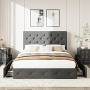 Amolife Queen Size Platform Bed Frame with Diamond-stitched Headboard and 4 Drawers, Dark Gray