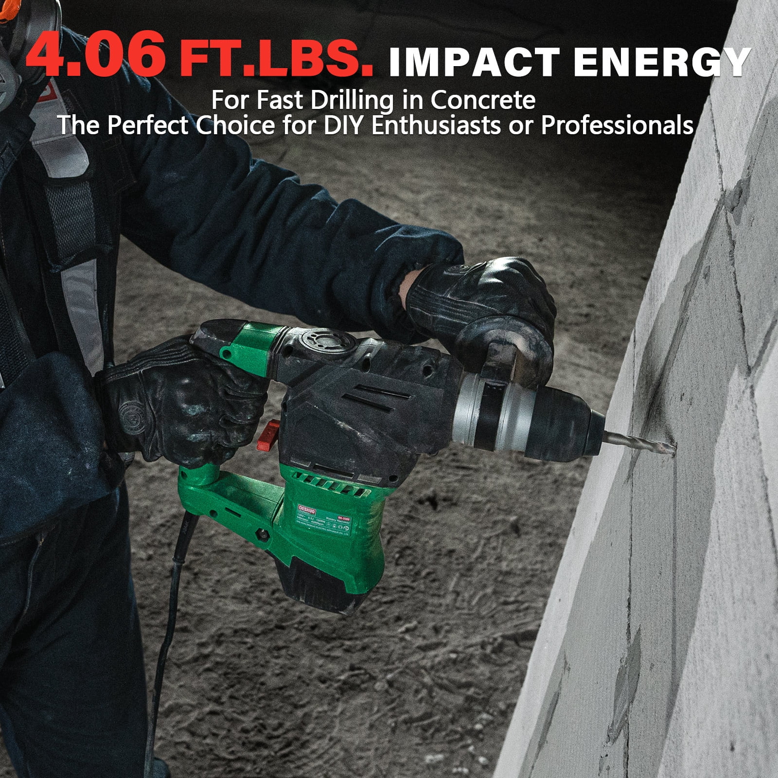 Deshuo 1-1/2 in Sds-Max Rotary Hammer, 12.5 Amp, 3 Functions, Vibration Control, Safety Clutch, with Bits and Case