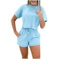 thumbnail image 2 of Women's Tops Women's two-piece spring and summer suit short-sleeved loose sportswear casual leisure suit matching suit Ndbuld Light Blue XL, 2 of 6