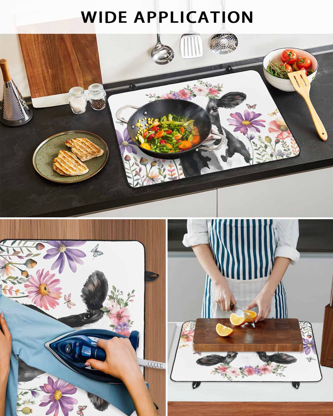 nqOlkjepod Large Induction Cooktop Protector Mat 24"x21", Flowers Cow Stove Top Covers for Electric Stove, Spring Botanical Floral Plants Butterfly Stove Burner Cover Mats, Glass Top Stove Cover