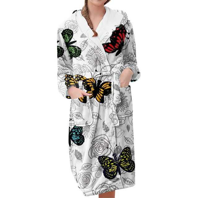Women's Fleece Plush Robe Long Warm Plush Bathrobe Loungewear Jacket Printed Comfort Robe