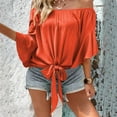thumbnail image 5 of QUNYINEY Solid Women Tops Off Shoulder Short Sleeve Casual Shirts Tie Front Loose Summer Pullover Shirts for Women, 5 of 7