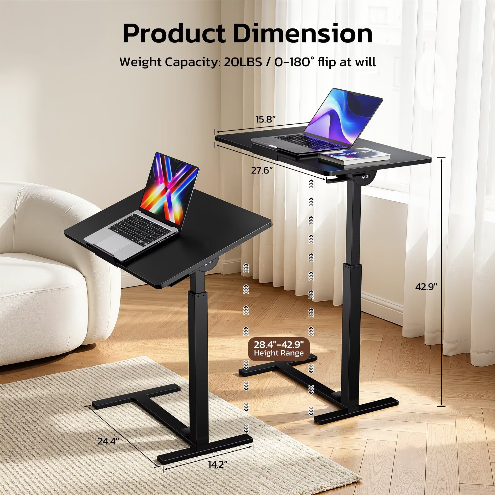 Simple Deluxe Mobile Standing Desk Adjustable Overbed Table, Pneumatic Height Adjustable Rolling Laptop Desk with Hidden Wheels, 0-180°Tilt Top Rolling Computer for Home Office, Black