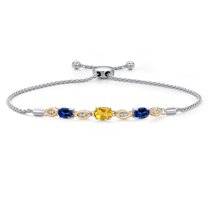 925 Silver and 10K Yellow Gold Yellow Citrine and Blue Created Sapphire and Lab Grown Diamond Bracelet for Women | 2.01 Cttw | Gemstone November Birthstone | Oval 7X5MM | Fully Adjustable 9"