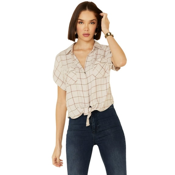 Shyanne Women's Windowpane Plaid Tie-Front Short Sleeve Western Shirt - SWSU21W62 X-  US