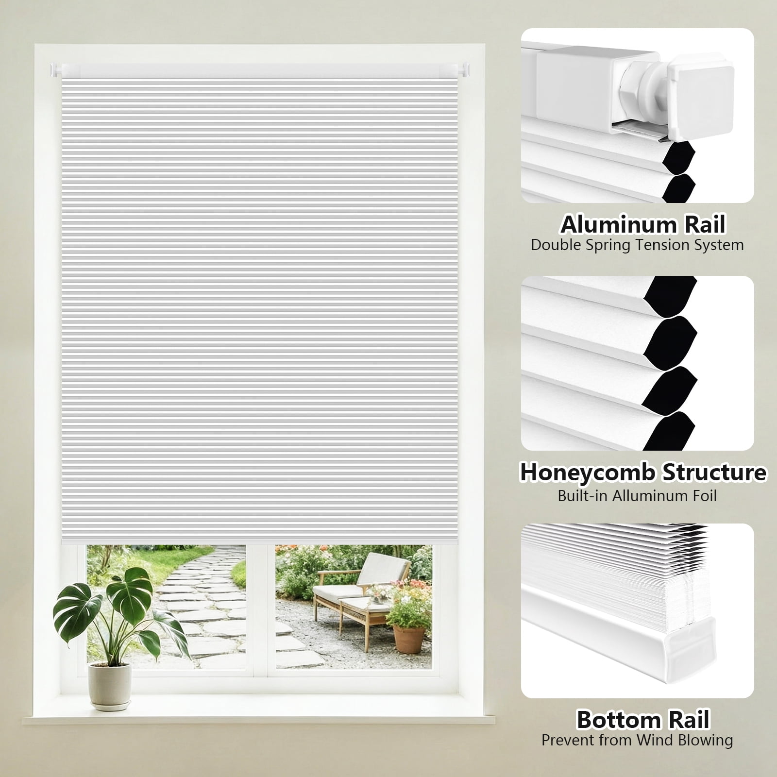 Shade&Beyond 34"x64" No Drill Cordless Blackout Cellular Shades, Thermal Insulated Noise Reducing Honeycomb Blinds for Indoor Windows, White
