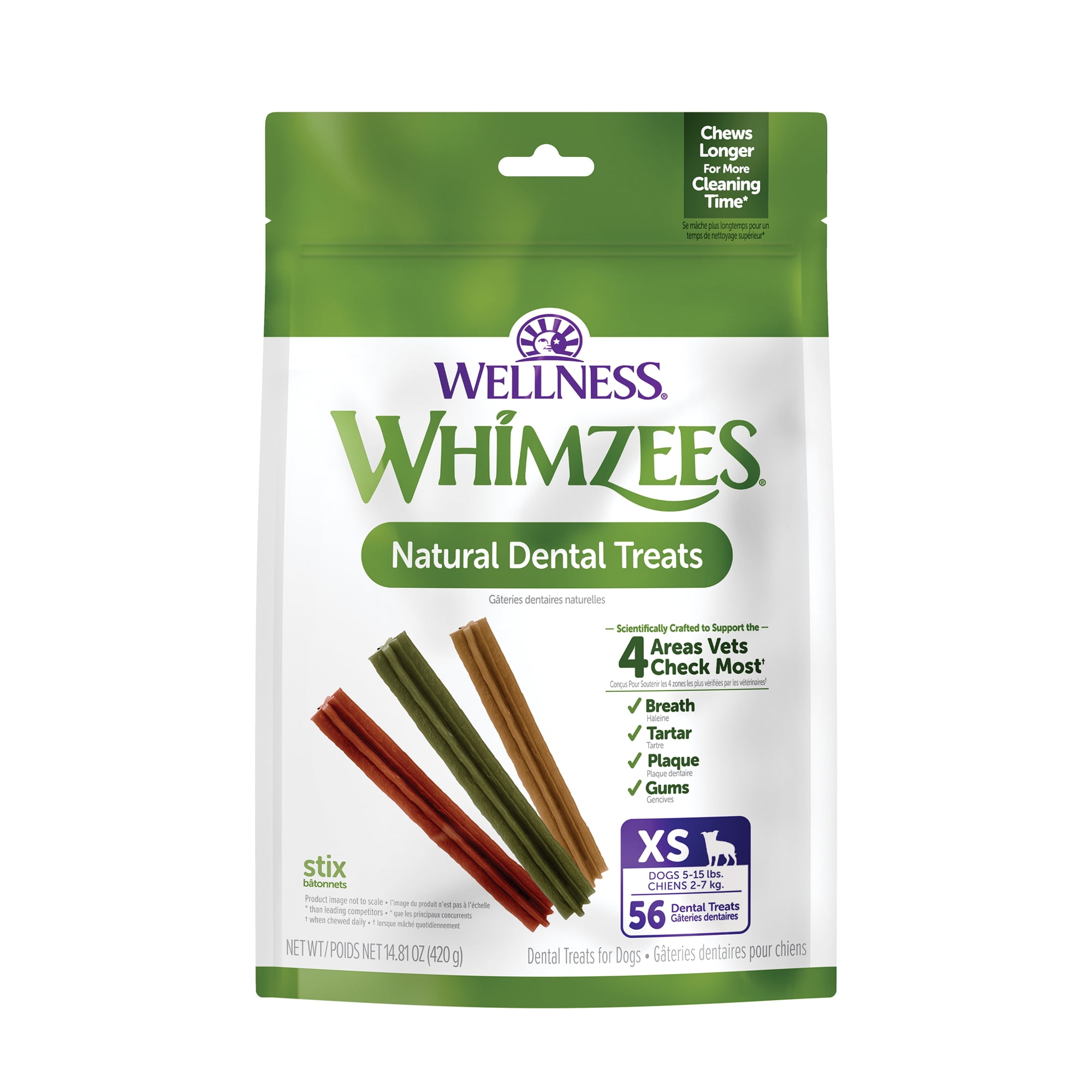Wellness WHIMZEES Stix Natural Dog Dental Treat, Chews, Freshens Breath, Extra-Small Size, 14.81 oz Bag, 56 Count