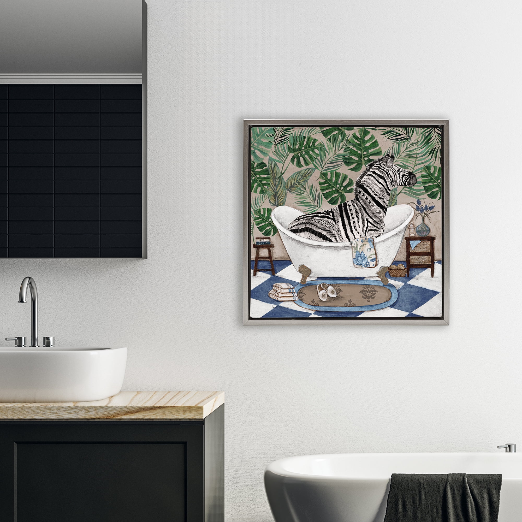 Stupell Industries Zebra in Tropical Bathtub Gray Framed Floater Canvas Wall Art, design by Janet Tava