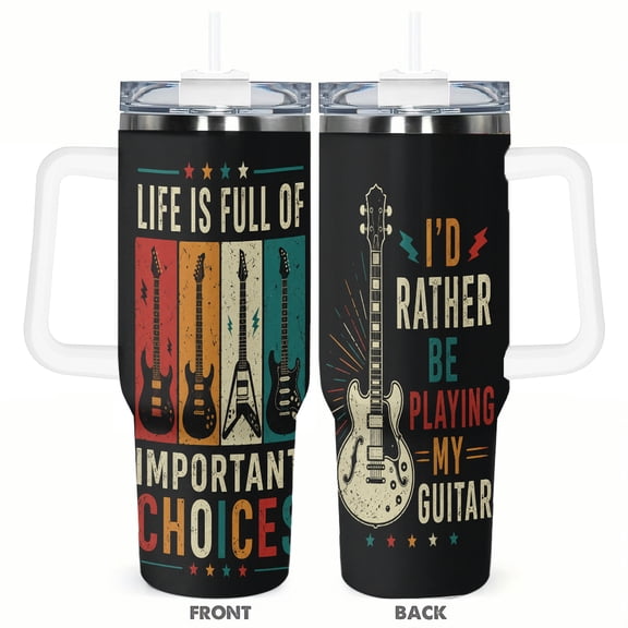40oz Vintage Guitar Lover Insulated Tumbler with Handle and Straw Lid Car Cup Travel Coffee Cup Gift for Music Lovers