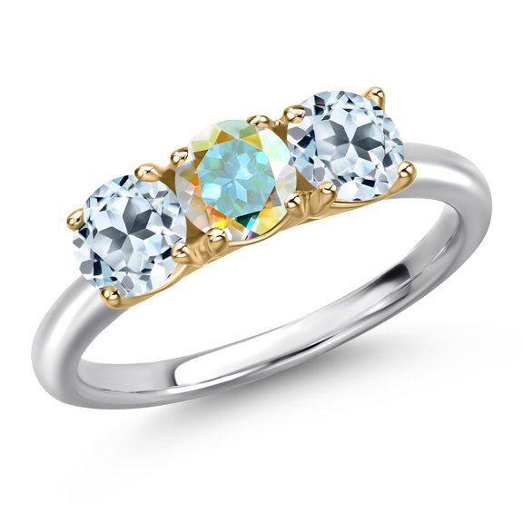 Gem Stone King 10K Two Tone Gold Mercury Mist Mystic Topaz and Sky Blue Topaz Engagement Ring for Women | 1.95 Cttw | Round 5MM | Gemstone November Birthstone | Size 9