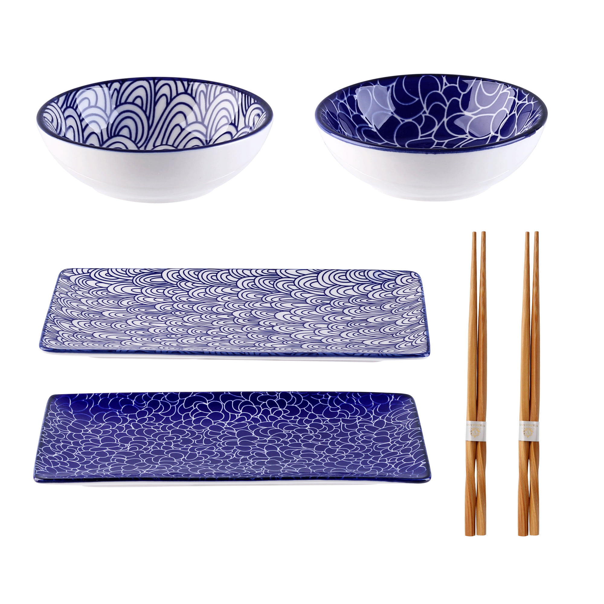 vancasso Takaki Porcelain Sushi Plate Set for 2, Japanese Style Ceramic  Blue 6 Pieces Sushi Serving Set, Including Sushi Platters, Dip Bowls