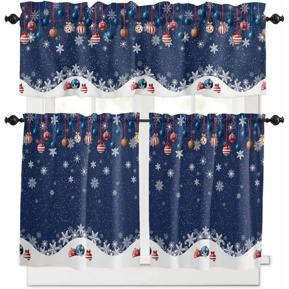 Blue Christmas Kitchen Curtains and Valances Set, Rod Pocket Curtains Tier Farmhouse Window Curtains 36 Inch Length, Winter Snowflake Xmas Ball Stripes 3 Piece Kitchen Curtains Set