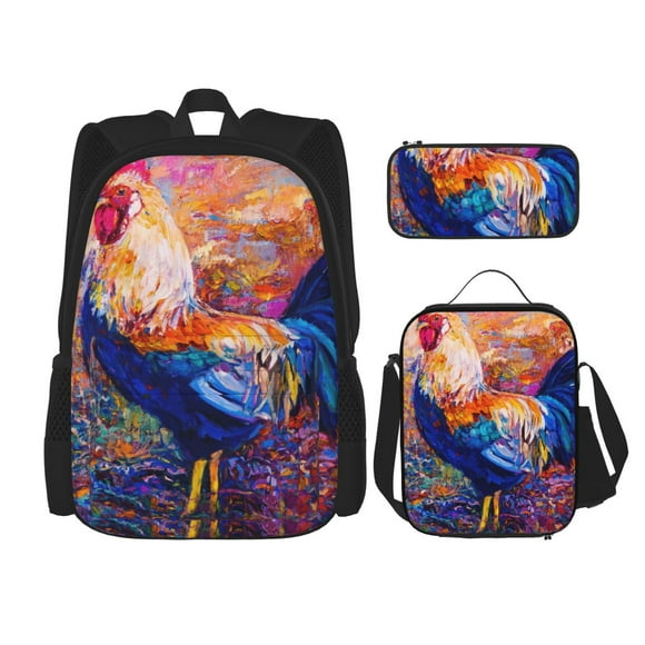Easygdp Rooster Oil Painting Mochila para Niños y Niñas con Set de Caja de Almuerzo y Estuche para Lápices 3 en 1, Mochila Escolar Estampada para Adolescentes