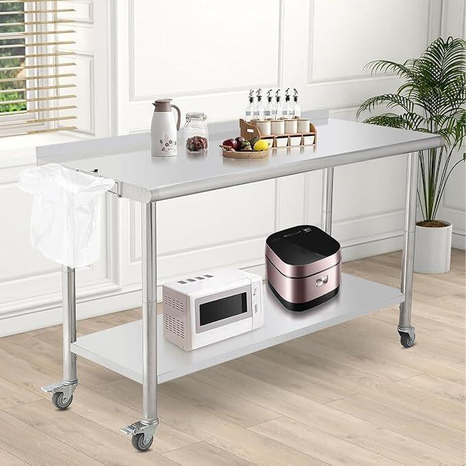 Stainless Steel Prep & Work Table with Caster Wheels, Heavy Duty Workbench with Removable Trash Rack & Backsplash