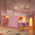 thumbnail image 2 of Twin Size Loft Bed with Desk & 6 Drawers, Metal Loft Bed with LED Lights, Stuffed Animal Cage, Safety Guardrail, Play Zone, No Box Spring Needed, Pink, 2 of 7