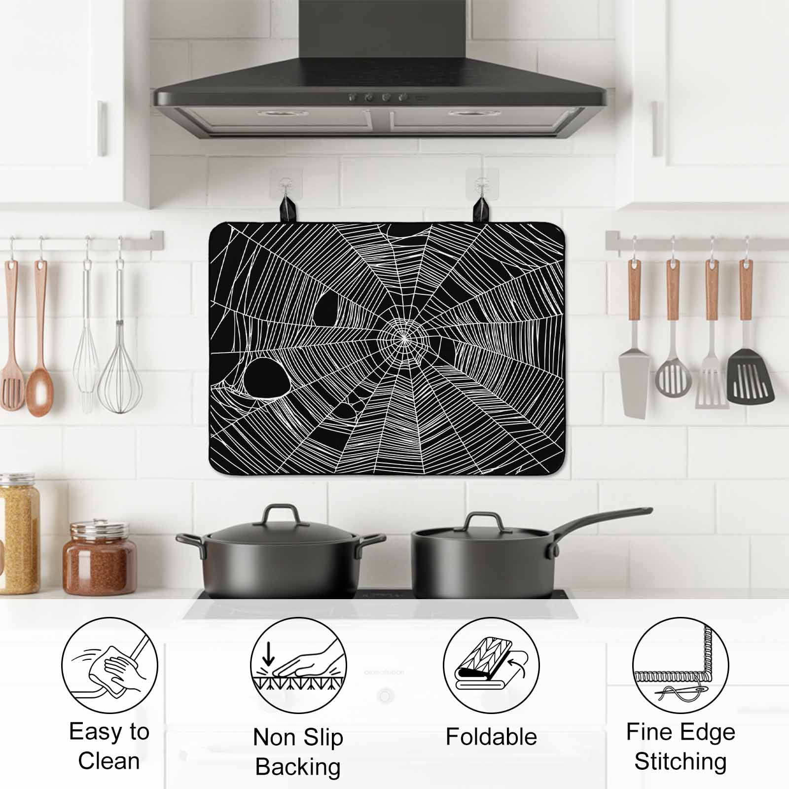Black Halloween Stove Top Cover for Electric Stove, Heat-proof & Non Slip Glass Top Stove Cover Protector, Country Vintage White Cobweb Scary Kitchen Flat Cooktop Rubber Mat 24x21 Inches