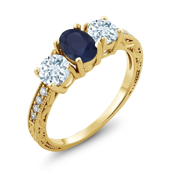 Gem Stone King 2.12 Ct Oval Blue Sapphire Sky Blue Aquamarine 18K Yellow Gold Plated Silver Moissanite Ring (Size 5)