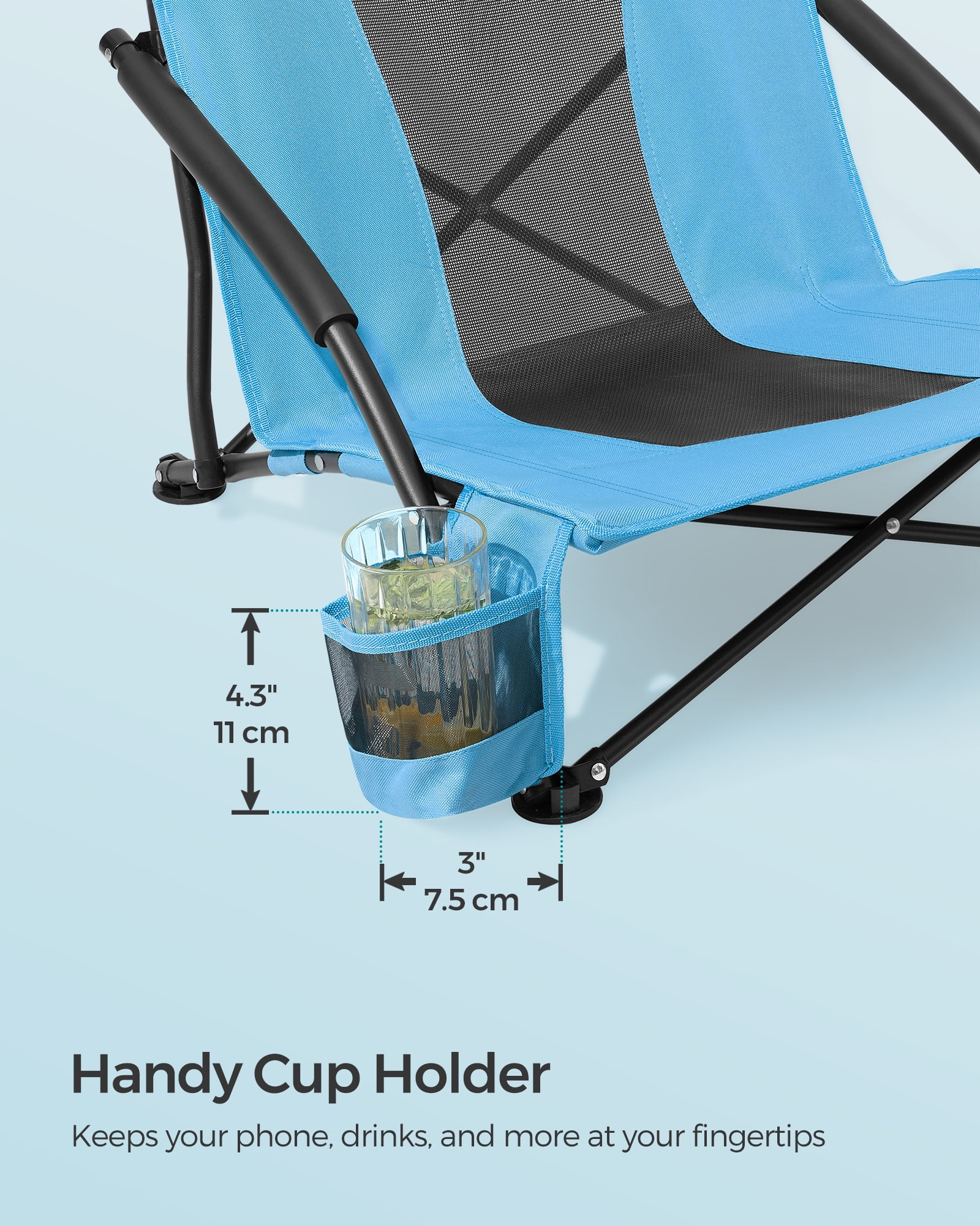 Set of 2 Camping Chairs, Beach Chairs, Portable Outdoor Chairs, with High Backrest, Cup Holder, Lightweight, Heavy-Duty, Max. Load 330 lb per Chair, Light Blue