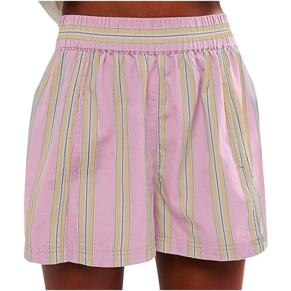 Lenpel Women's Boxer Shorts Striped Elastic High Waisted Wide Leg Lounge Shorts Summer Casual Shorts with Pockets