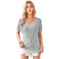 thumbnail image 2 of Women Spring Summer Short Sleeve Sweater Fashion Trendy Dressy Casual Outfit Versatile Knit Blouse Light Gray S, 2 of 8