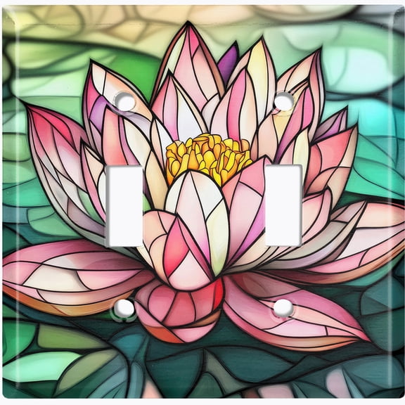 Metal Light Switch Wall Plate Outlet Cover (Printed Image of Stained Glass Lotus Flower - Double Toggle)