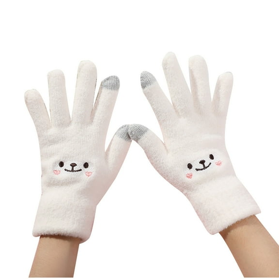Xfvqtps Womens Touchscreen Gloves Touchable Screen Split Finger Knitting Plush Cute Cartoon Smiling Face Thickened Warm Winter Mittens White