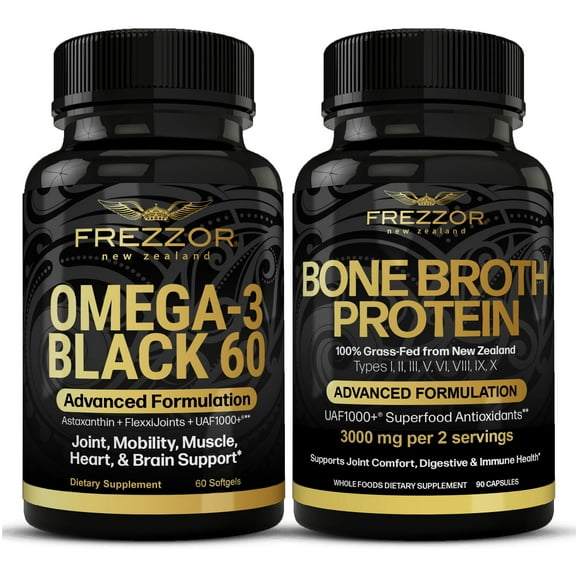 FREZZOR Omega 3 Black Green Lipped Mussel Oil, 53x Higher potency for Superior Joint Comfort & Mobility, No Fishy Aftertaste, 1 Bottle, 60 Softgels plus 1 Bottle of Bone Broth Protein