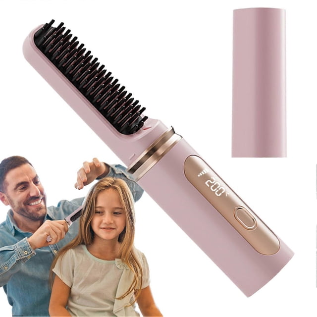 Cepillo alisador de pelo inalámbrico con calor ajustable, recargable por USB, 2 en 1, ideal para viajes.