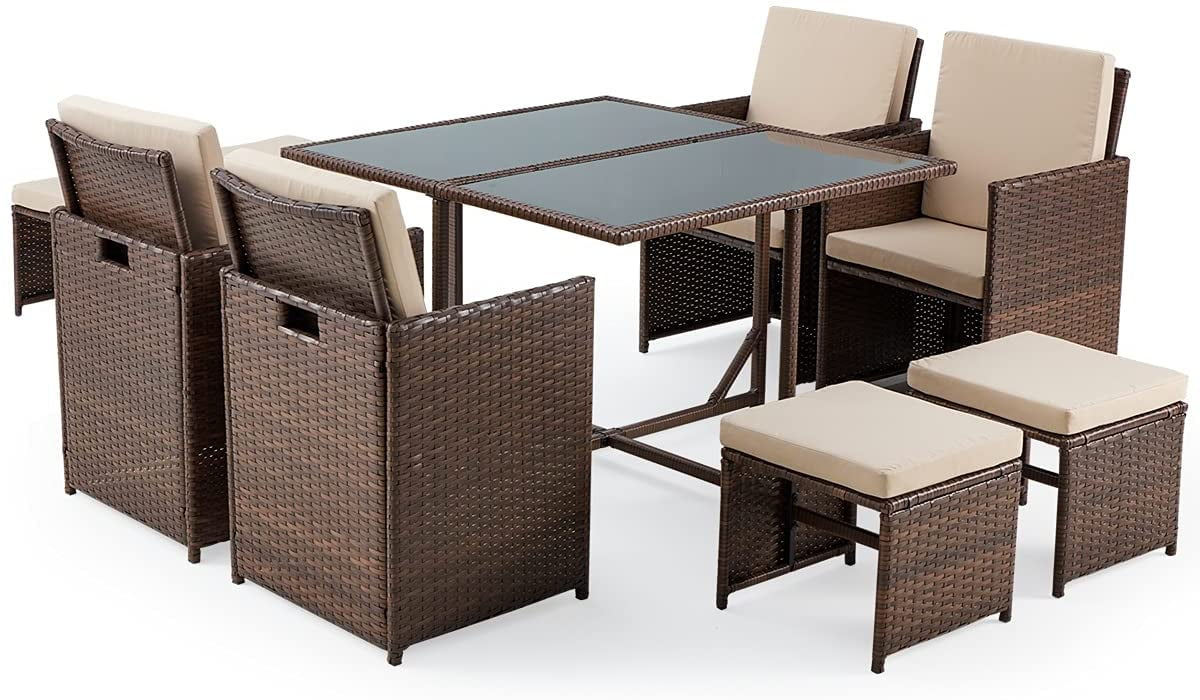 Buy Erommy 9 Pieces Patio Dining Set Outdoor Space Saving Wicker Rattan Chairs with Glass Table 
