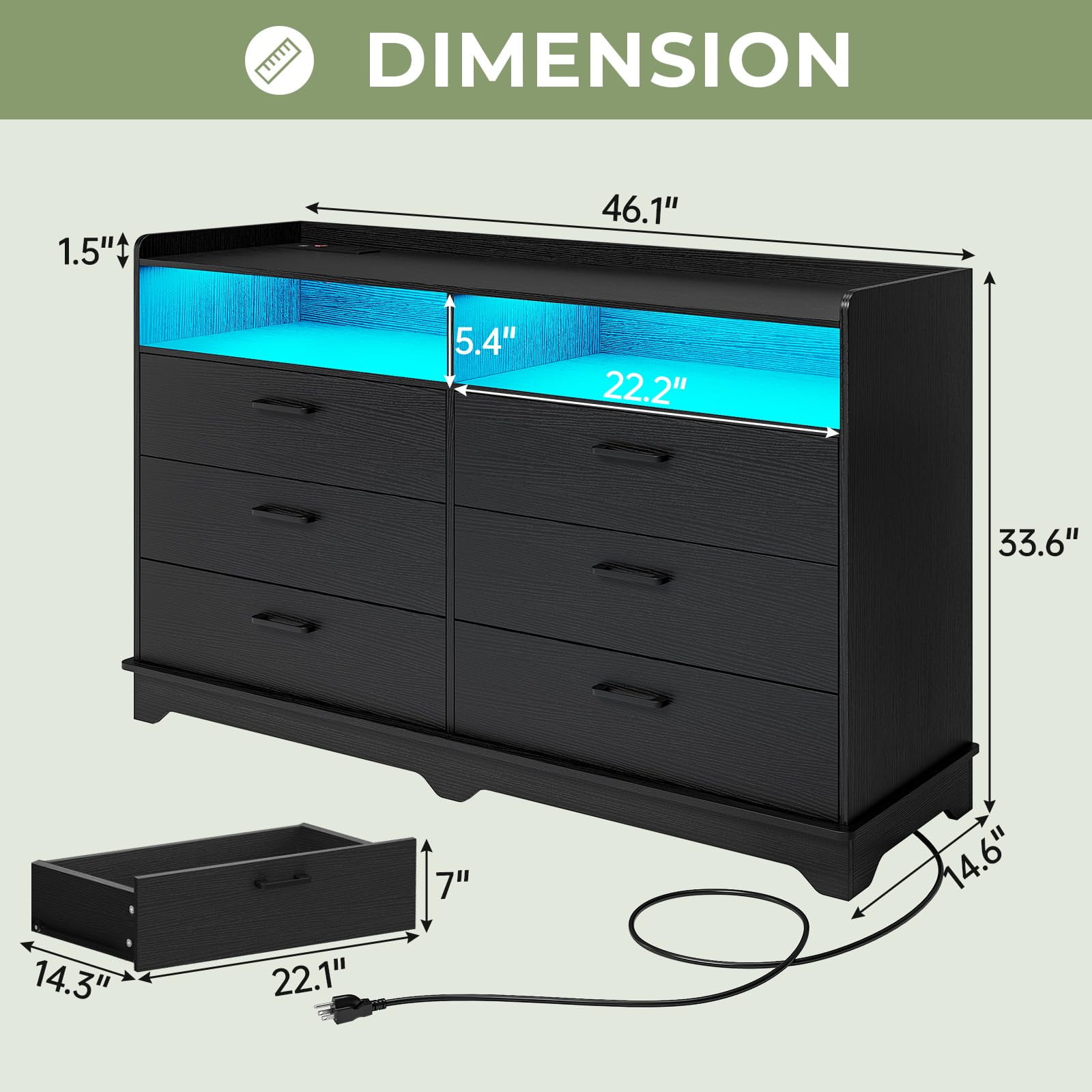 Hasuit 6 Drawers Dresser With LED Lights And Charging Station, Modern ...