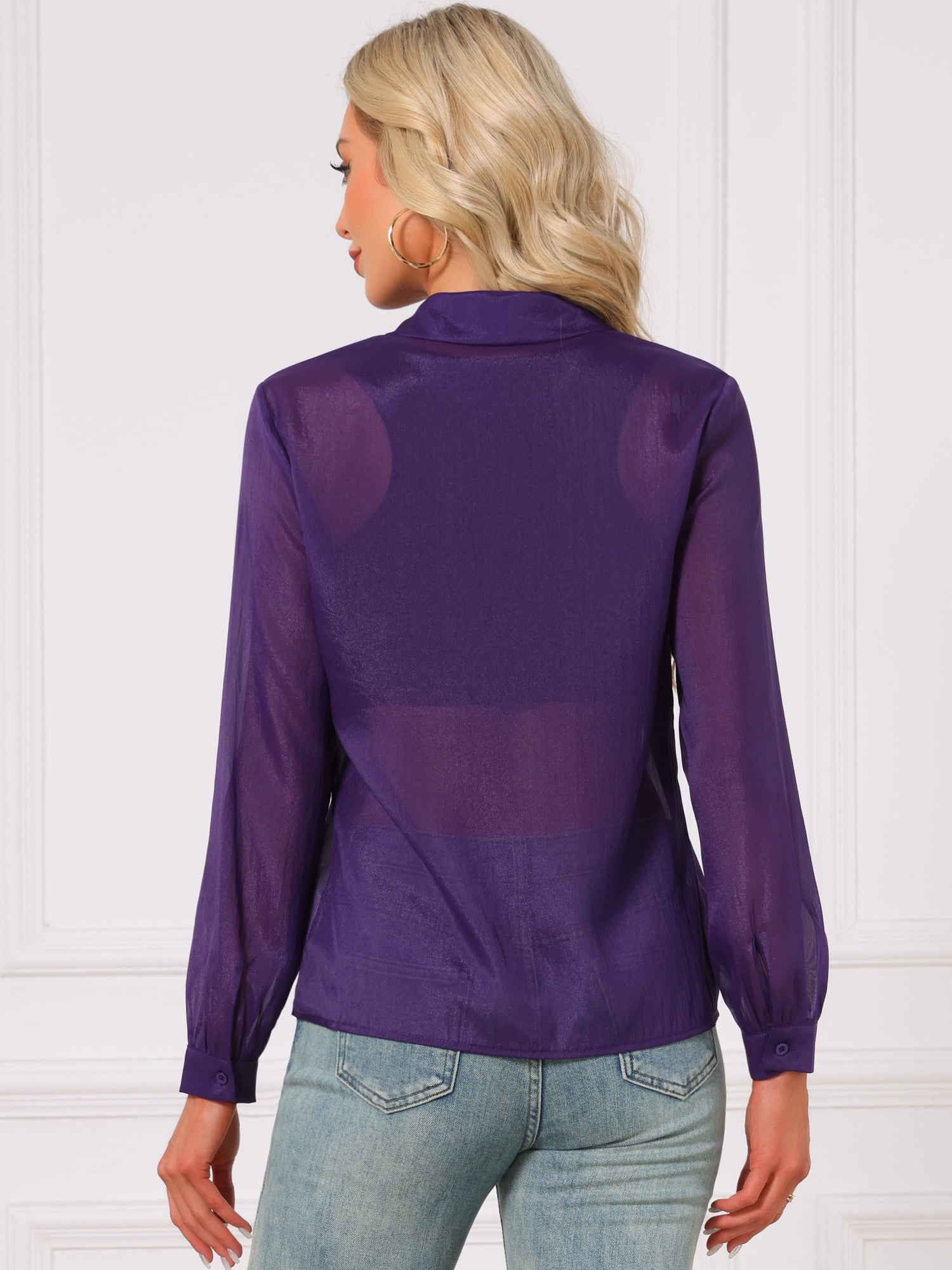 DARING DIVA Women's Long Sleeve Tops Button Down See Through Mesh Shirt L Dark Purple