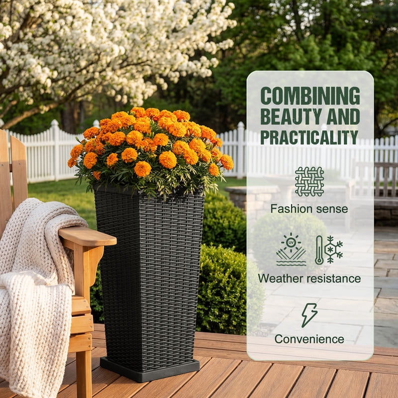 Homall 25" Tall Plastic Planter Set of 2 with Inside Pots, Drainages and Trays, for Outdoor and Indoor