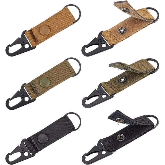 6pcs Tactical Molle Clip Buckle 3 Colors Alloy Outdoor Carabiners Hanger Buckle Hook Tactical Hanging Belt Carabiner Clip with Nylon Tape