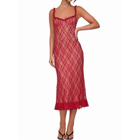 Women Lace Bodycon Midi Dress Mesh Sleeveless Camisole Dresses Red S