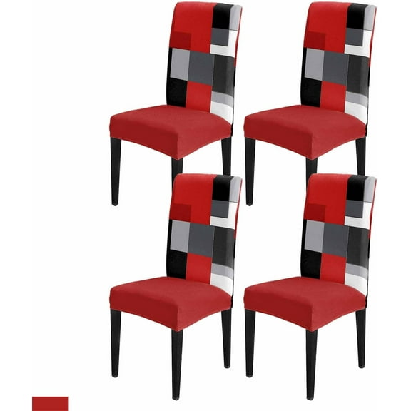 Geometric Red Dining Chair Cover Set of 4,Black White Grey Vintage Color Blocks Stretch Chair Protectors Slipcover,Spandex Kitchen Chair Seat Back Cushion Slip Cover for Dining Room,Party,Hotel