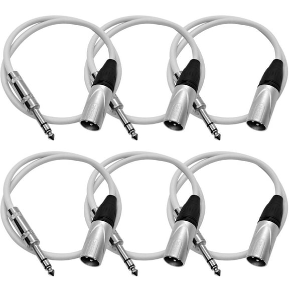 Seismic Audio 6 Pk 2 Foot XLR Male to 1/4 Inch TRS Patch Cables - Balanced White Audio Cords - SATRXL-M2White-6Pack