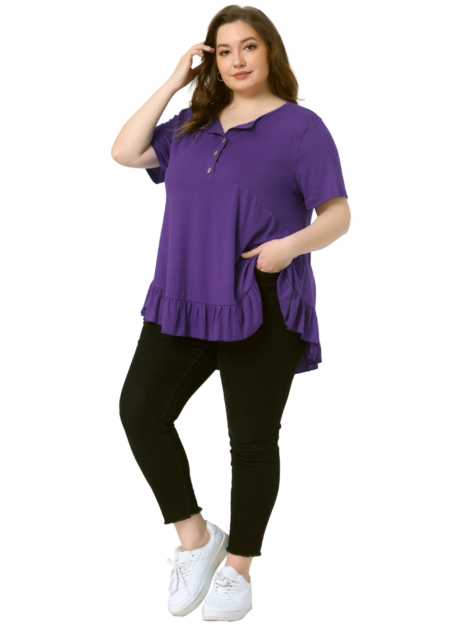 Women's Plus T Shirts Henley V Neck Button Up Short Sleeve Ruffled Hem Blouses Tops 1X Purple