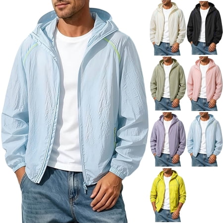 Mens Water-Resistant Windbreaker Sun Protection Hooded Jacket Athletic Full Zip Sweatshirt with Zipper Pockets for Hiking Fishing Travel Sky Blue XXL