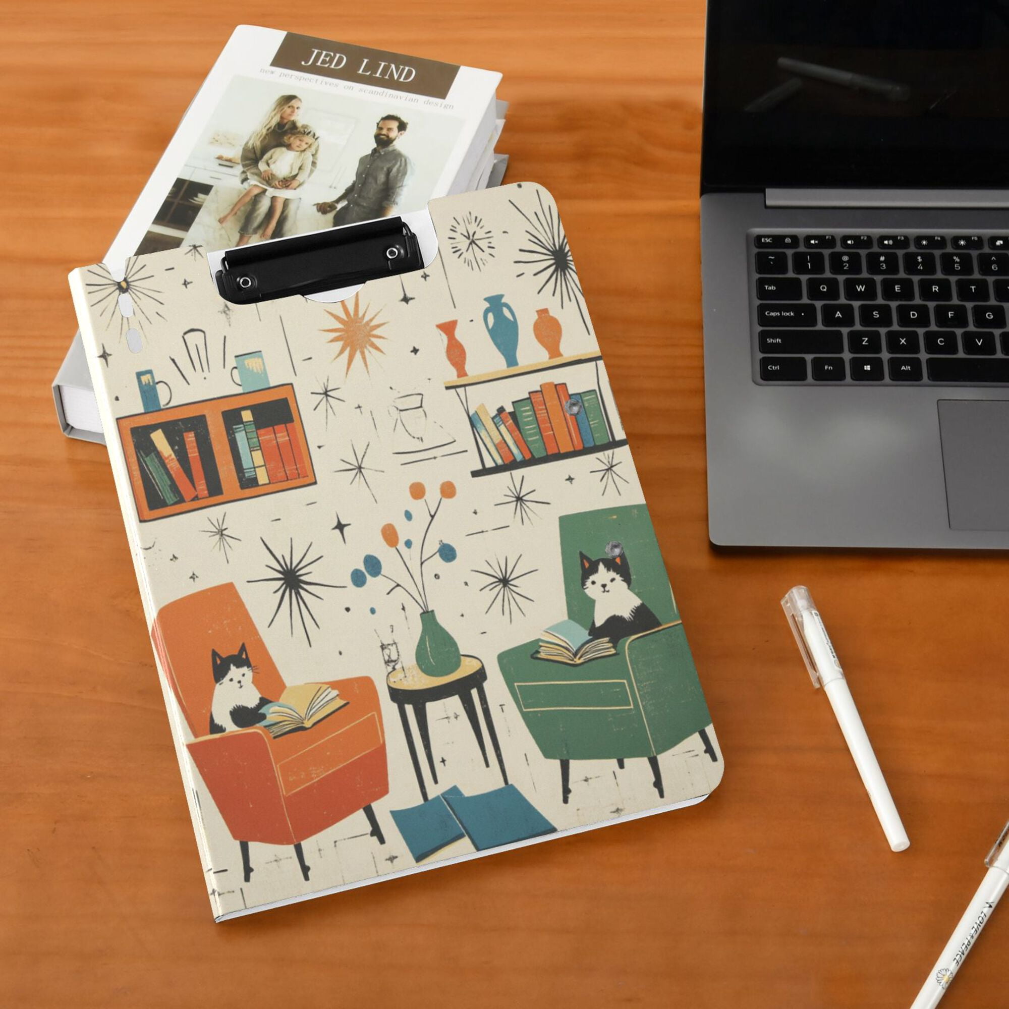 FORMRS A4 Clipboard Folder with Pen Holder Horizontal Foldable School Office Binder, Beige Cats Reading