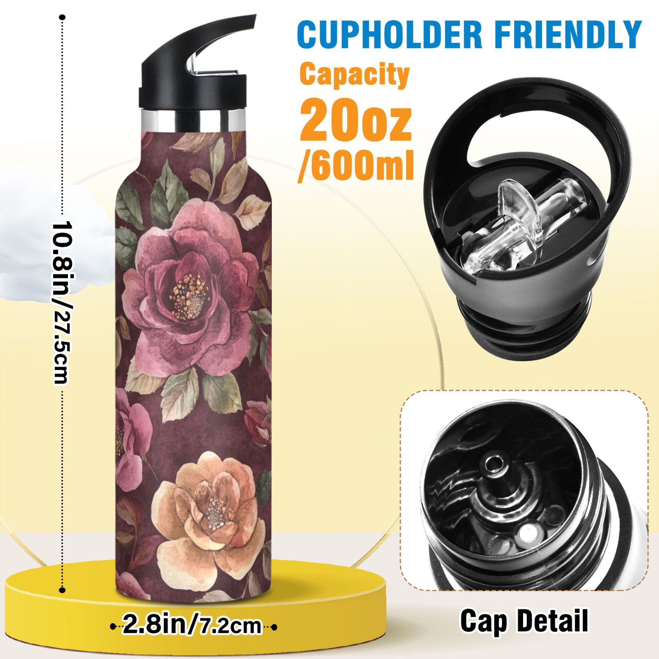 600ML Stainless Steel Insulated Cup Sports Water Bottle Portable Thermos Cup Water Glasses Insulated Tumblers Convenient and Durable Cartoon Maroon Roses Seamless